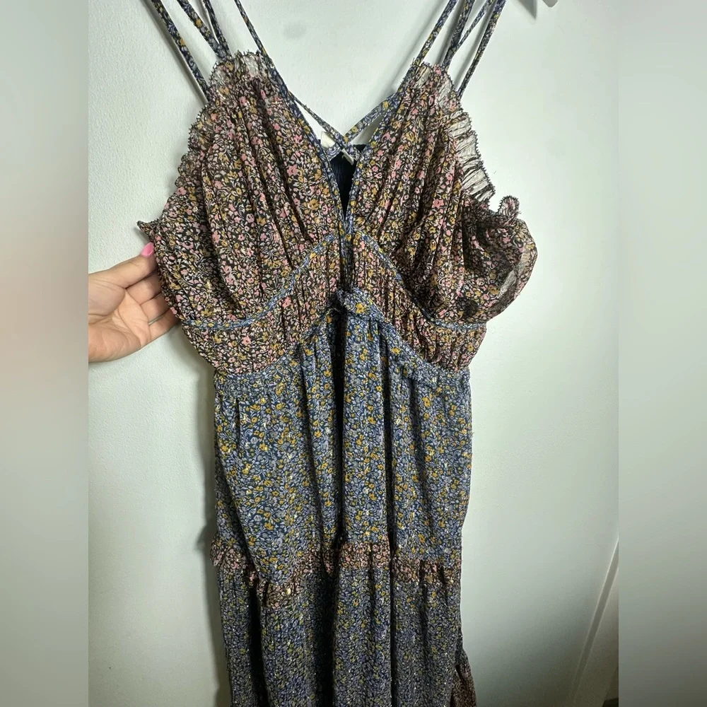 Lucky Brand Ruffle Floral Maxi Sundress Blue Brown w Gold  Size Large - Picture 11 of 16